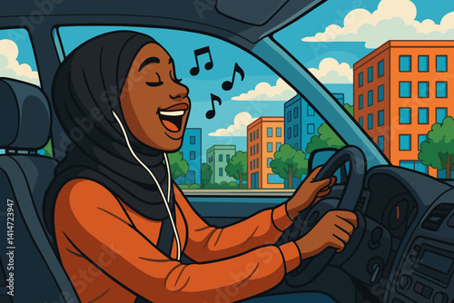 Joyful Woman Singing While Driving in a City  