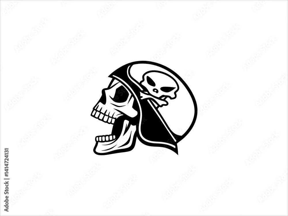 A minimalist, black and white graphic of a stylized skull head. A minimalist, black and white graphic of a stylized skull head.