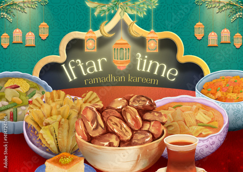 A festive Ramadhan Kareem illustration showcasing a variety of traditional iftar dishes, including dates, fried snacks, soup, and tea, with glowing lanterns, an Islamic arch, and decorative elements.