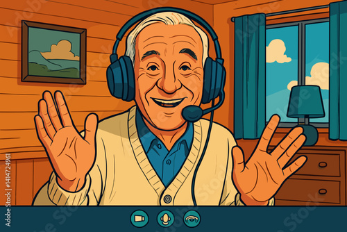 Elderly man smiling and waving during a video call at home  
