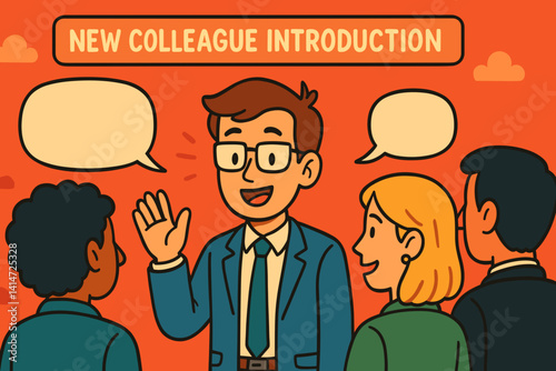 New colleague introduces himself to team against orange background  