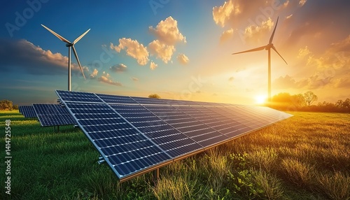 Dawn of new renewable energy technologies. Modern, aesthetic and efficient dark solar panel panels, a modular battery energy storage system and a wind turbine system in warm light. 3D rendering
