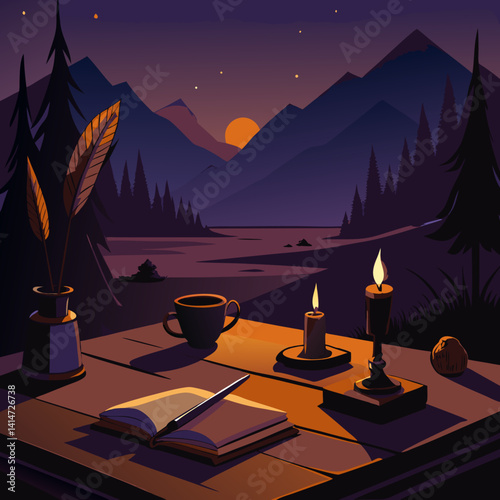 A peaceful writing desk sits under a starlit sky, facing majestic mountains as the sun sets behind them. Candlelight and quiet surroundings create the perfect setting for reflection and creativity.