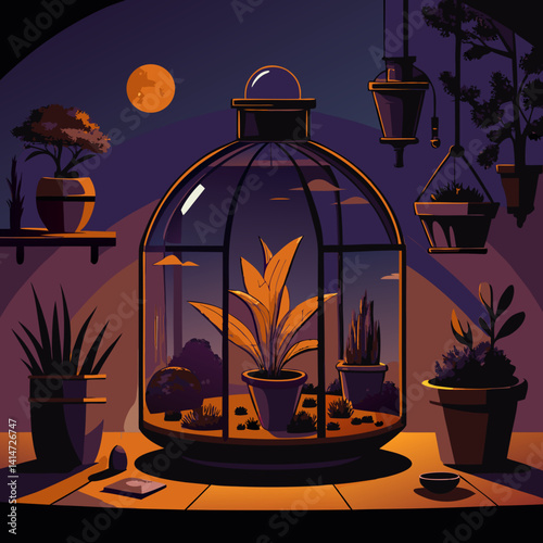 A cozy nighttime garden glows under the moonlight, centered around a glass terrarium holding a radiant plant. Surrounding pots and hanging planters add to the serene, magical ambiance.