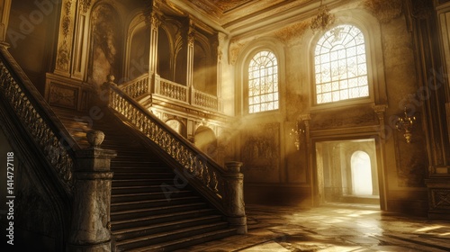 Illuminated interior grandeur with classical stairway and architectural features