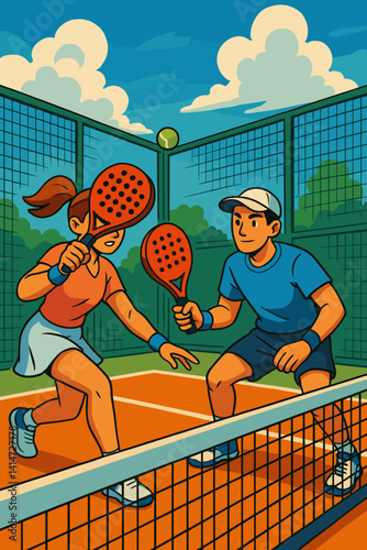 Padel match action between two players in a vibrant court  