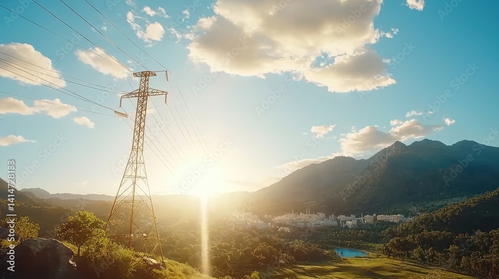 Fototapeta premium High voltage transmission lines at sunset mountain landscape gigapixel photography natural environment serene view