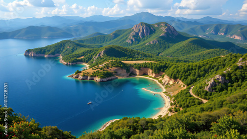 A region revealing a moderate climate zone, characterized by the distribution of green foliage and the presence of significant bodies of water. photo