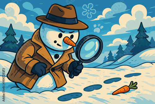 Snowman detective investigating footprints in a winter landscape  
