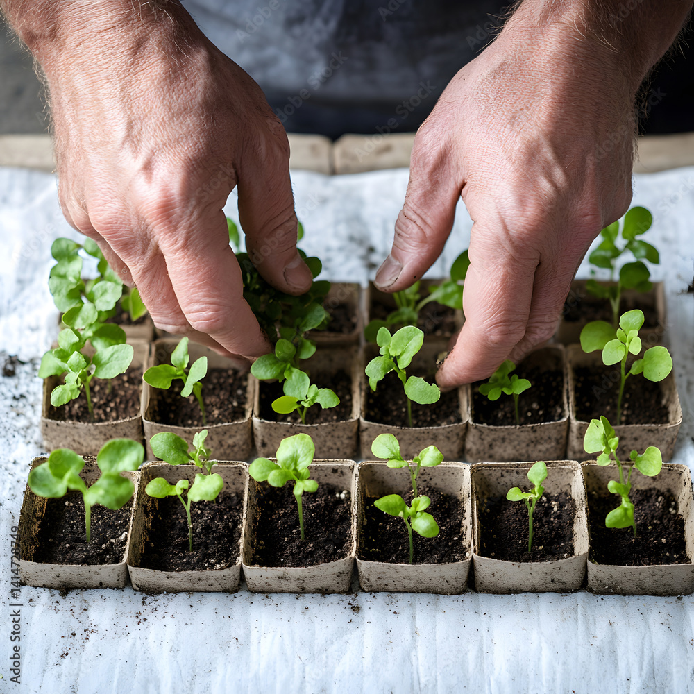 gardener hands planting young seedlings into rich soil, neatly arranged on white background to showcase care, process, and early stages of organic home farming.