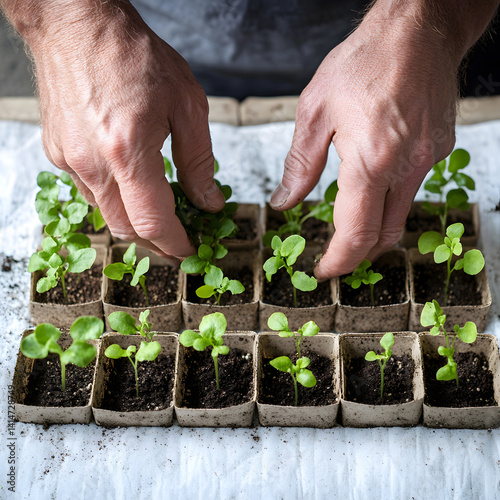 Obraz na płótnie gardener hands planting young seedlings into rich soil, neatly arranged on white background to showcase care, process, and early stages of organic home farming. w salonie
