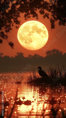 Sunset Moon, Duck, Lake Silhouette
