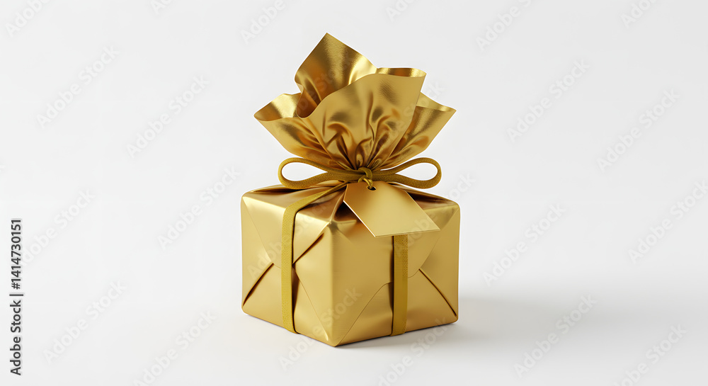 Obraz premium Gold Gift Box with Bow and Tag on White Background
