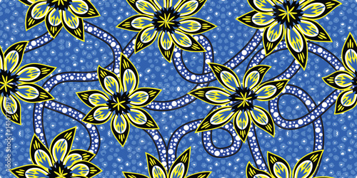 African ethnic traditional Blue pattern. seamless beautiful Kitenge, chitenge, Dutch wax style. fashion design in colorful. botanical abstract motif. yellow floral Ankara prints, African wax prints.
