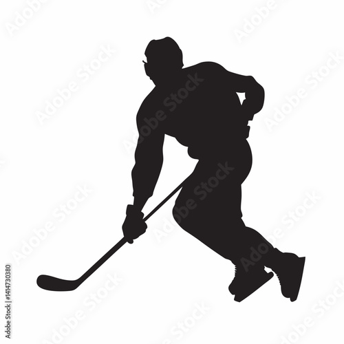 Vector silhouette of an ice hockey player in dynamic action, fully geared with helmet, stick, and skates. Depicted in bold black silhouette on a clean white background, perfect for sports-themed