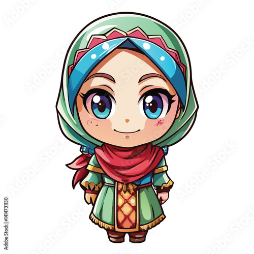 Cute anime girl in traditional hijab and robe