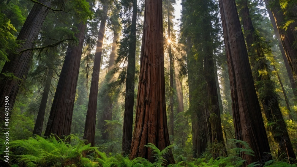 Naklejka premium Exploring Giant Redwood Forest with Sun Rays Through the Canopy