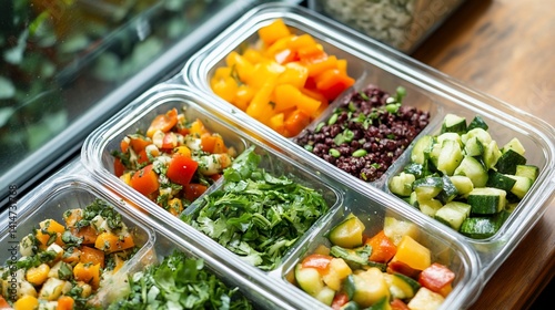 Freshly prepared vegetable salads in a buffet style display case