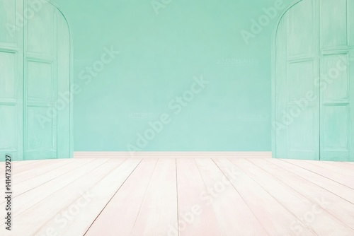Mint green room with light wood floor and arched doors