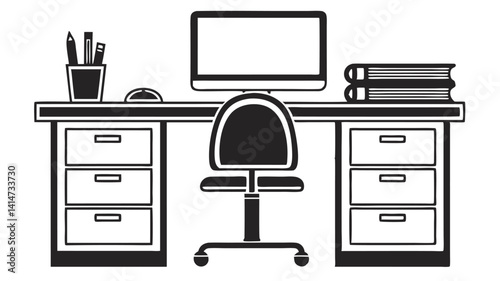 Minimalist Office Desk with Computer and Chair Silhouette Icon