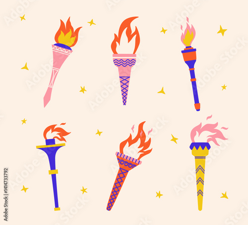 Set of torches with flame in quirky stile. Fire symbol of competition victory, championship. Vector illustration