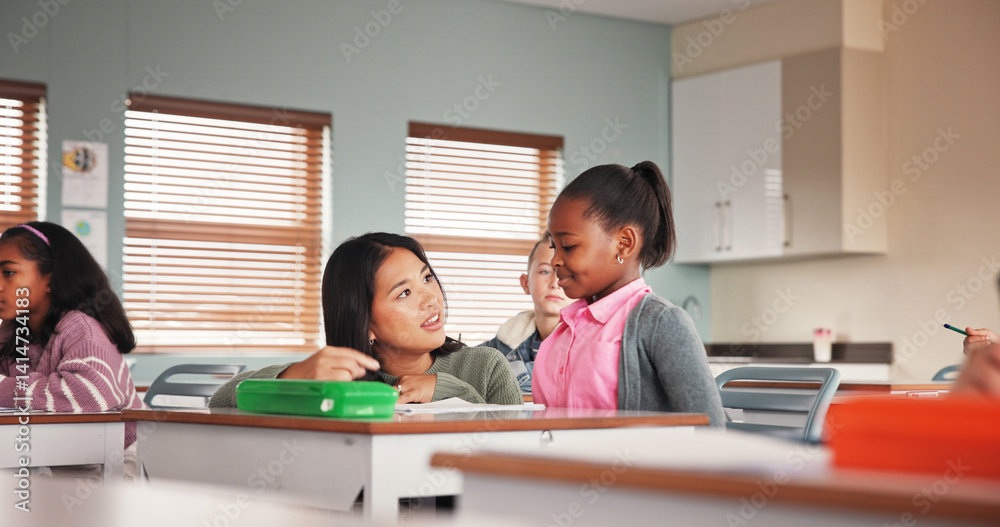 Classroom, girl and teacher for question help, school and learning for assignment in junior grade. Quiz, education and child with knowledge test, scholarship and development to prepare in academy Classroom, girl and teacher for question help, school and learning for assignment in junior grade. Quiz, education and child with knowledge test, scholarship and development to prepare in academy