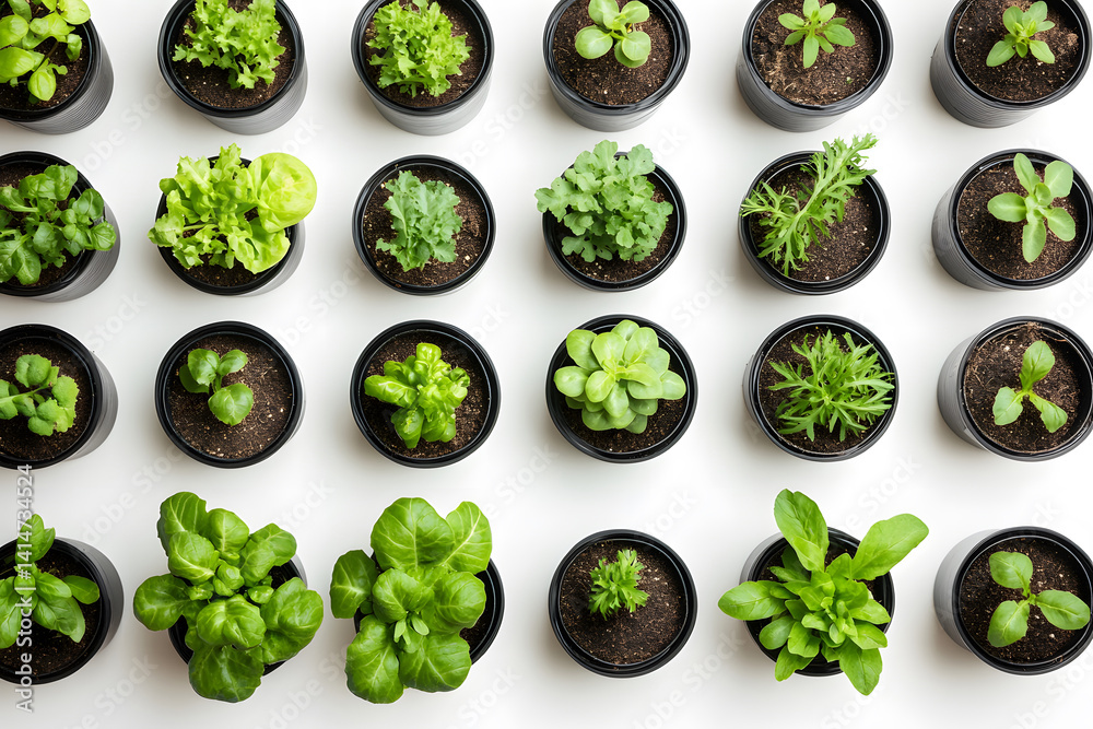 Carefully spaced pots with individual vegetable plants growing in fresh soil, captured on clean white background to illustrate indoor gardening, urban farming, and sustainable home food cultivation.