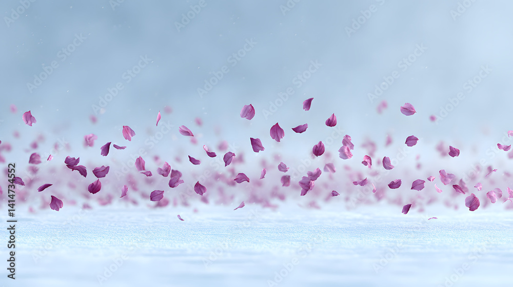 Vibrant pink sakura petals floating in the air above a serene landscape, capturing the beauty of spring and the delicate nature of cherry blossoms.