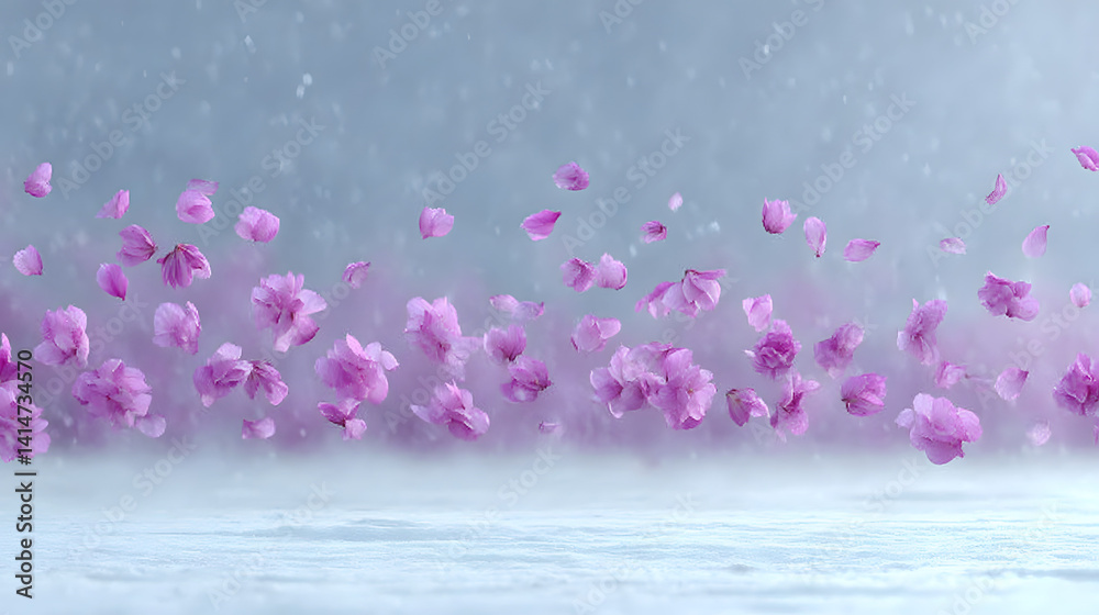 Vibrant pink sakura petals floating in the air above a serene landscape, capturing the beauty of spring and the delicate nature of cherry blossoms.
