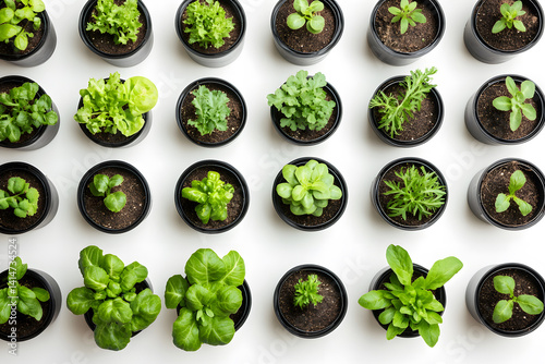Obraz na płótnie Carefully spaced pots with individual vegetable plants growing in fresh soil, captured on clean white background to illustrate indoor gardening, urban farming, and sustainable home food cultivation. w salonie