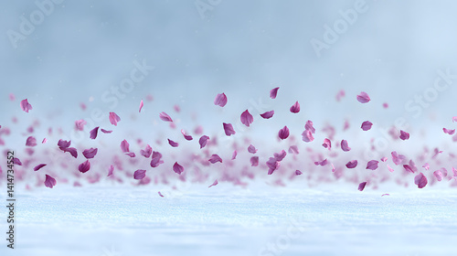 Obraz na płótnie Vibrant pink sakura petals floating in the air above a serene landscape, capturing the beauty of spring and the delicate nature of cherry blossoms.
w salonie