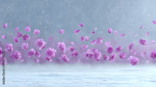 Obraz na płótnie Vibrant pink sakura petals floating in the air above a serene landscape, capturing the beauty of spring and the delicate nature of cherry blossoms.
w salonie