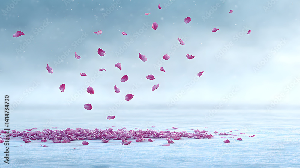 Vibrant pink sakura petals floating in the air above a serene landscape, capturing the beauty of spring and the delicate nature of cherry blossoms.