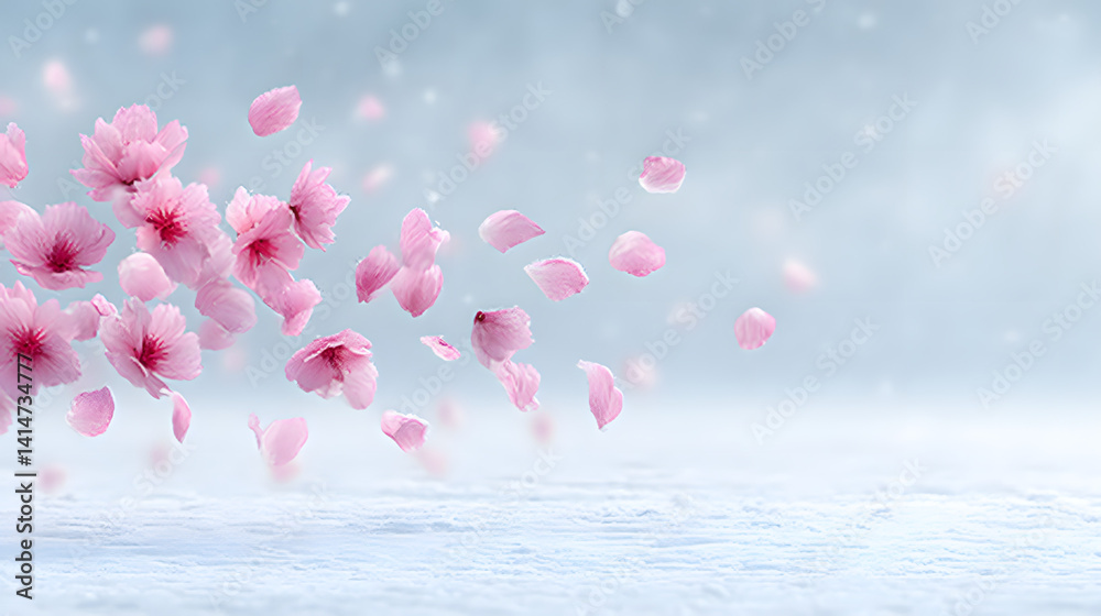 Vibrant pink sakura petals floating in the air above a serene landscape, capturing the beauty of spring and the delicate nature of cherry blossoms.