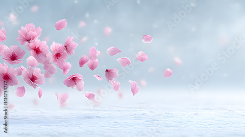 Obraz na płótnie Vibrant pink sakura petals floating in the air above a serene landscape, capturing the beauty of spring and the delicate nature of cherry blossoms.
w salonie