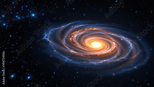 The galactic disk appears as a flattened plane, viewed at a slight angle. The core of the galaxy blazes with intense luminosity, a concentrated center of stellar activity.