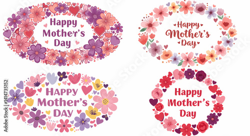 Bright floral Mother’s Day cards with oval flower frames in red, pink, purple, and orange tones, featuring handwritten-style text and playful, festive designs on white backgrounds.

