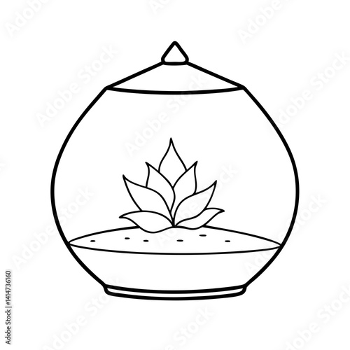 A minimalistic line art of a small terrarium, showcasing a single succulent plant nestled in soil within a rounded glass container.