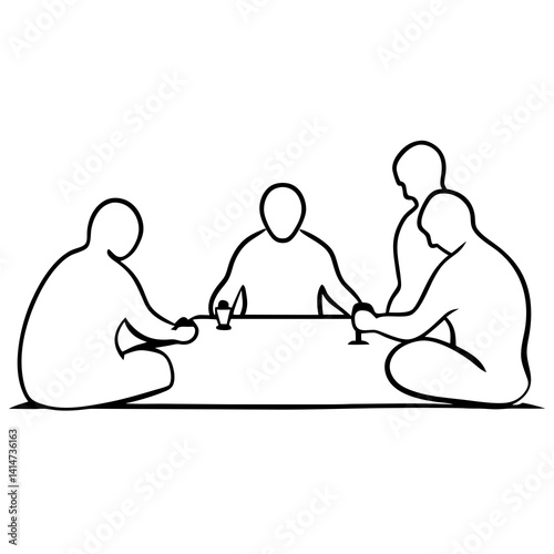 A minimalist line drawing of four people sitting around a table, likely engaged in a shared activity or conversation, capturing a sense of connection and togetherness.
