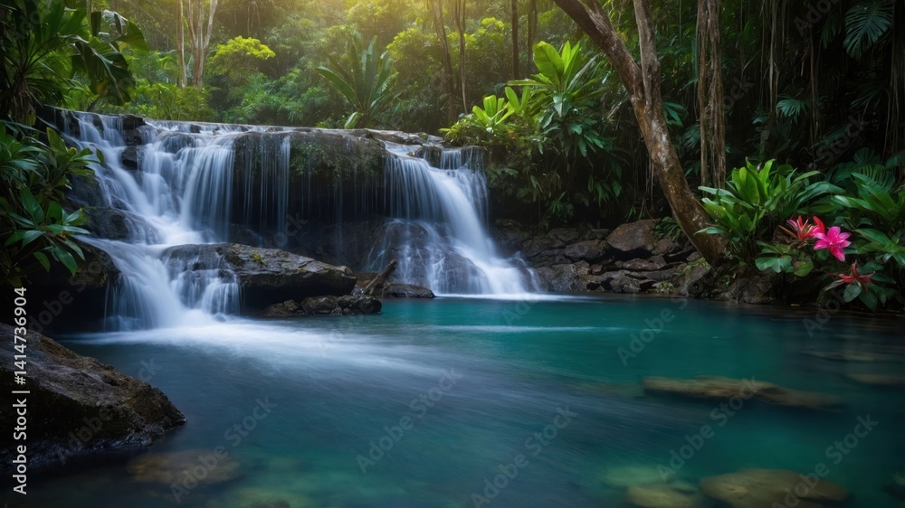 Fototapeta premium Cascading Waterfall Flowing into Clear Pool Surrounded by Lush Vegetation