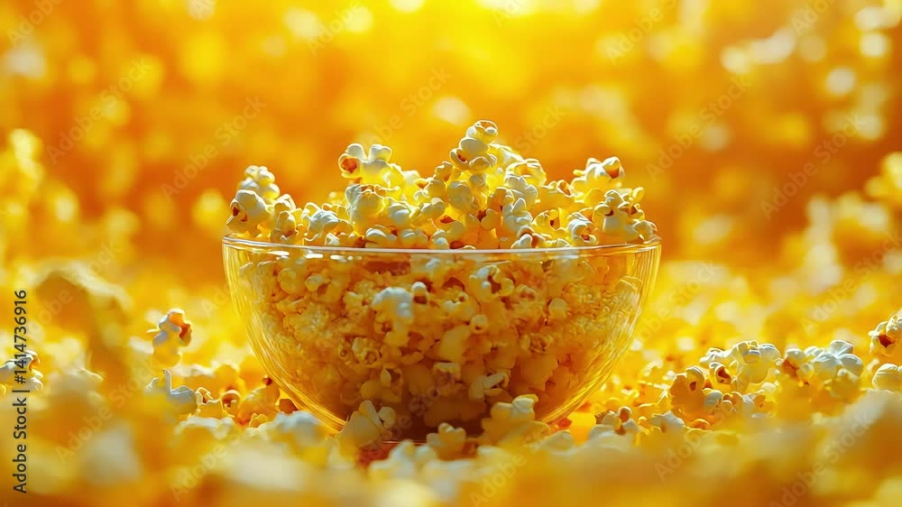 Popcorn bowl on table with yellow cozy lighting, evoking homey vibes, ideal for leisure and snacking imagery.