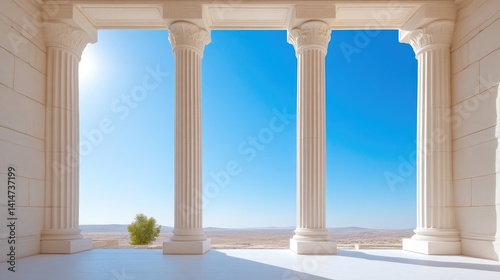 Ancient portico overlooking a desert landscape