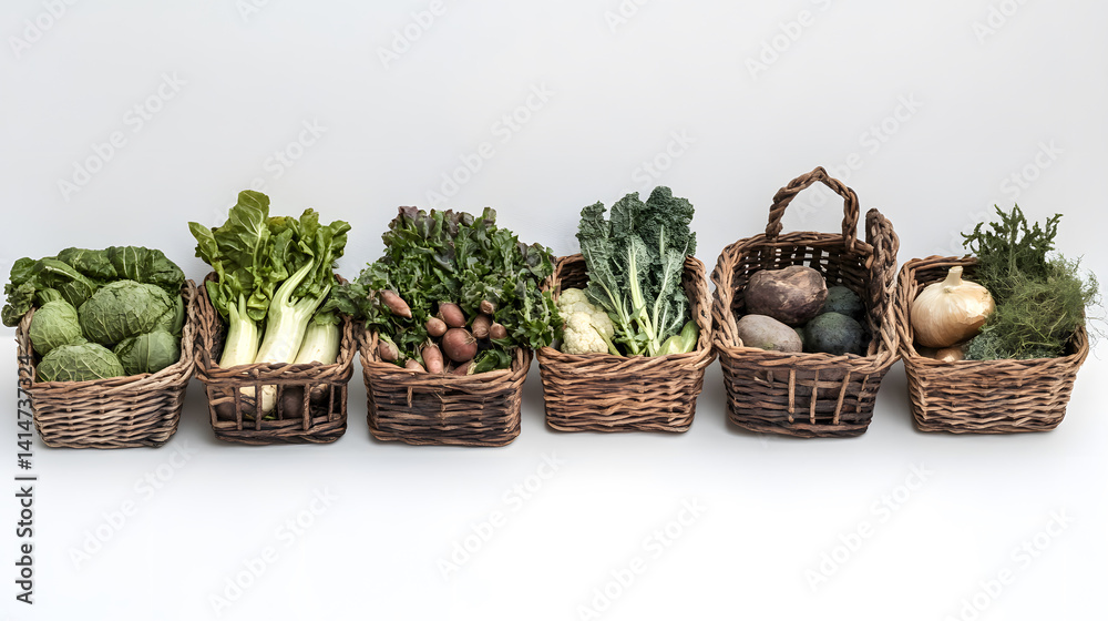 assorted vegetable baskets freshly harvested and arranged neatly on white surface, showcasing farm-to-table ingredients, rural lifestyle seasonal kitchen freshness.