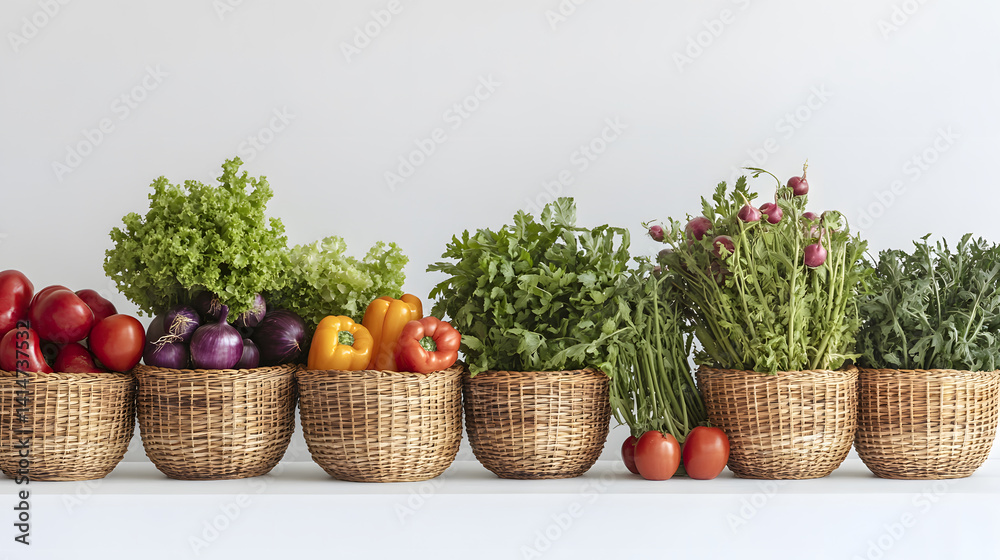 assorted vegetable baskets freshly harvested and arranged neatly on white surface, showcasing farm-to-table ingredients, rural lifestyle seasonal kitchen freshness.