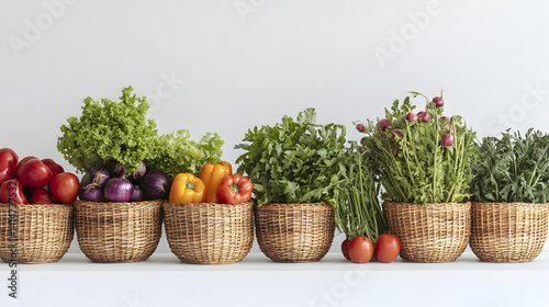 Obraz na płótnie assorted vegetable baskets freshly harvested and arranged neatly on white surface, showcasing farm-to-table ingredients, rural lifestyle seasonal kitchen freshness. w salonie
