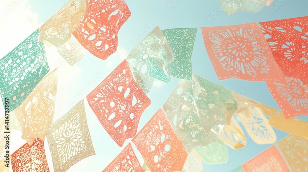 Papel picado banners floating against a clear sky in soft pastels