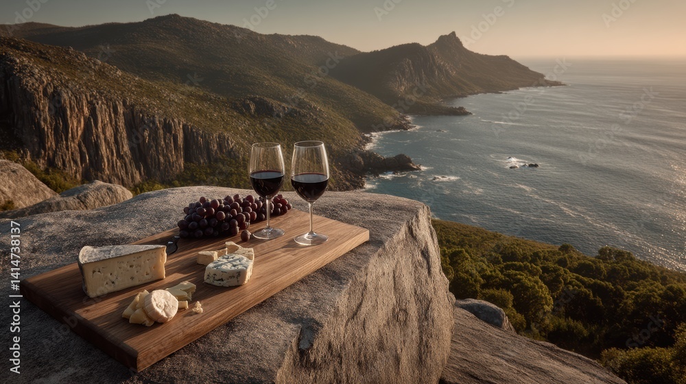 Assorted cheeses and red wine on rustic board at coastal sunset