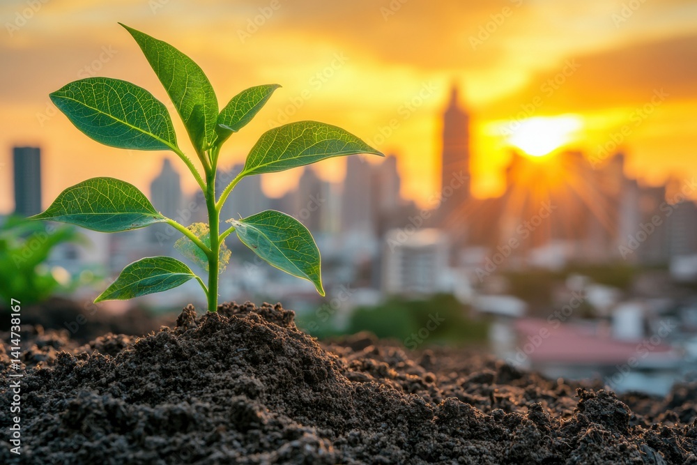 Young green plant thriving in rich soil with golden sunset skyline