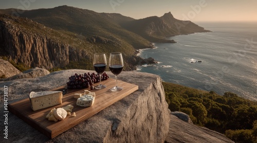Obraz na płótnie Assorted cheeses and red wine on rustic board at coastal sunset w salonie