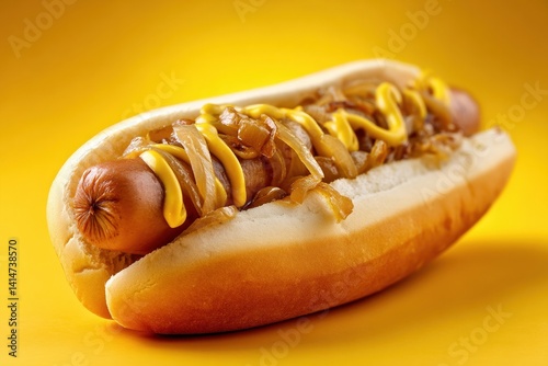 Obraz na płótnie Classic hot dog delight on yellow a tasty visual treat w salonie